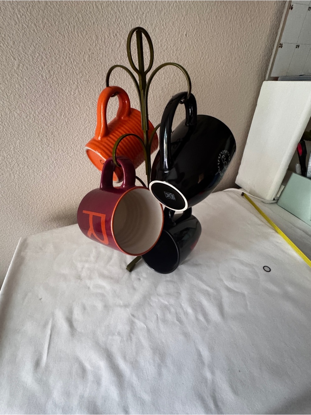 Multi-Color Ceramic Coffee Mug Set with Stand - Orange, Black, Burgundy